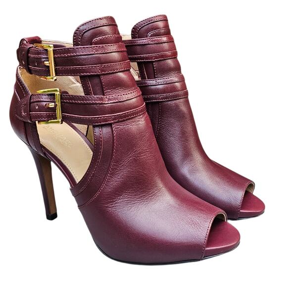 Stiletto Ankle Bootie MMK Blaze Size 7 OpenToe Buckle High Heel Burgundy Leather - Picture 1 of 12
